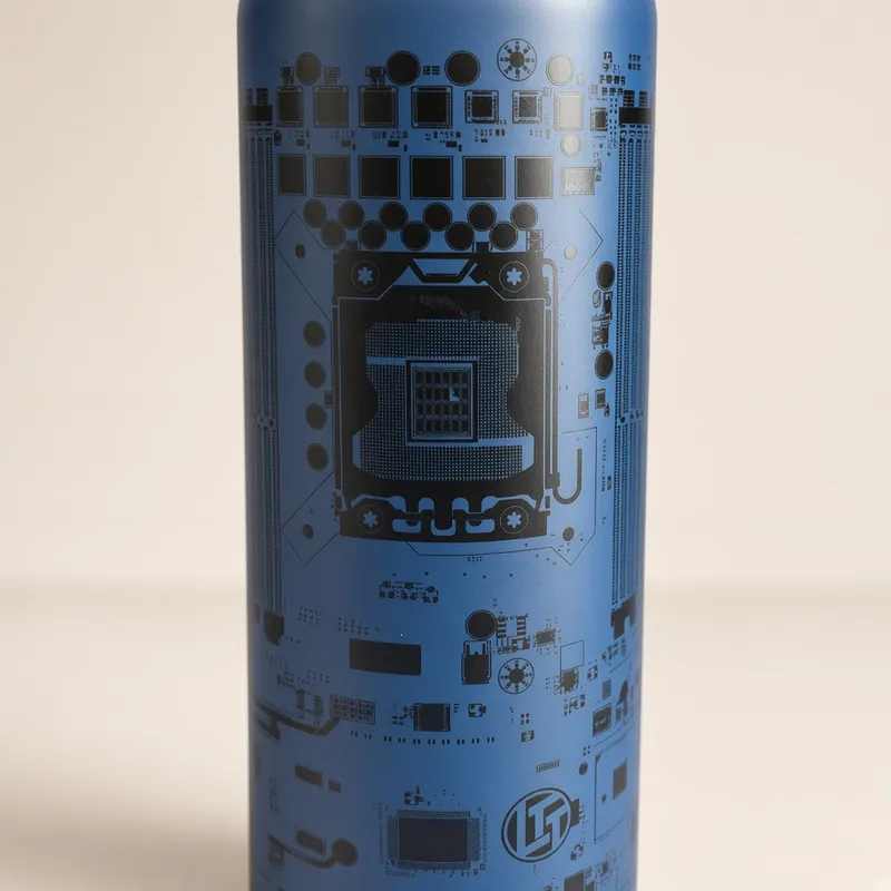 Close-up of the circuit-board print on the bottle