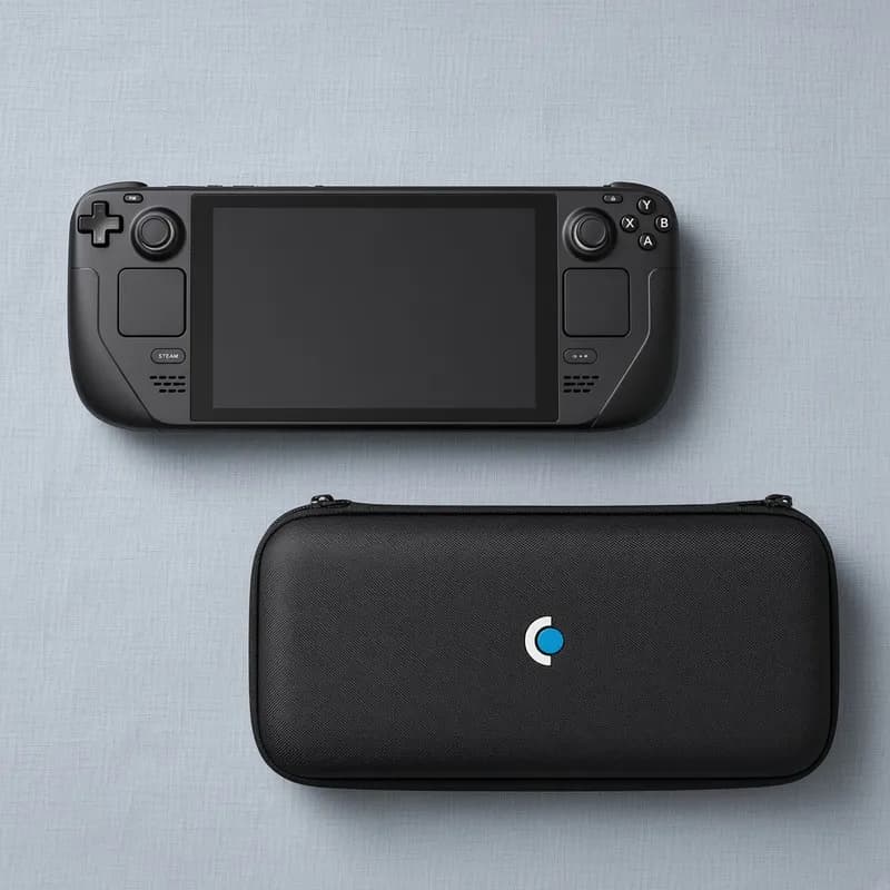 Flat lay of the console above its closed carrying case