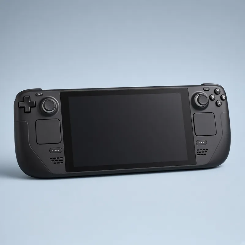 The handheld console standing upright on a pale blue studio backdrop